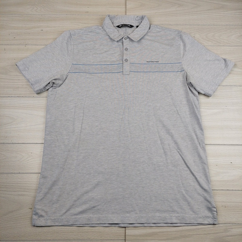 Travis Mathew Polo Shirt Mens XL Gray Heather Geometric Stripe Short Sleeve
